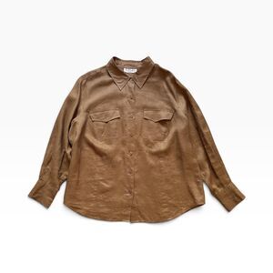 Vintage Totonko Camel Brown Linen Button-Up Shirt Women’s 1X Safari Lagenlook
